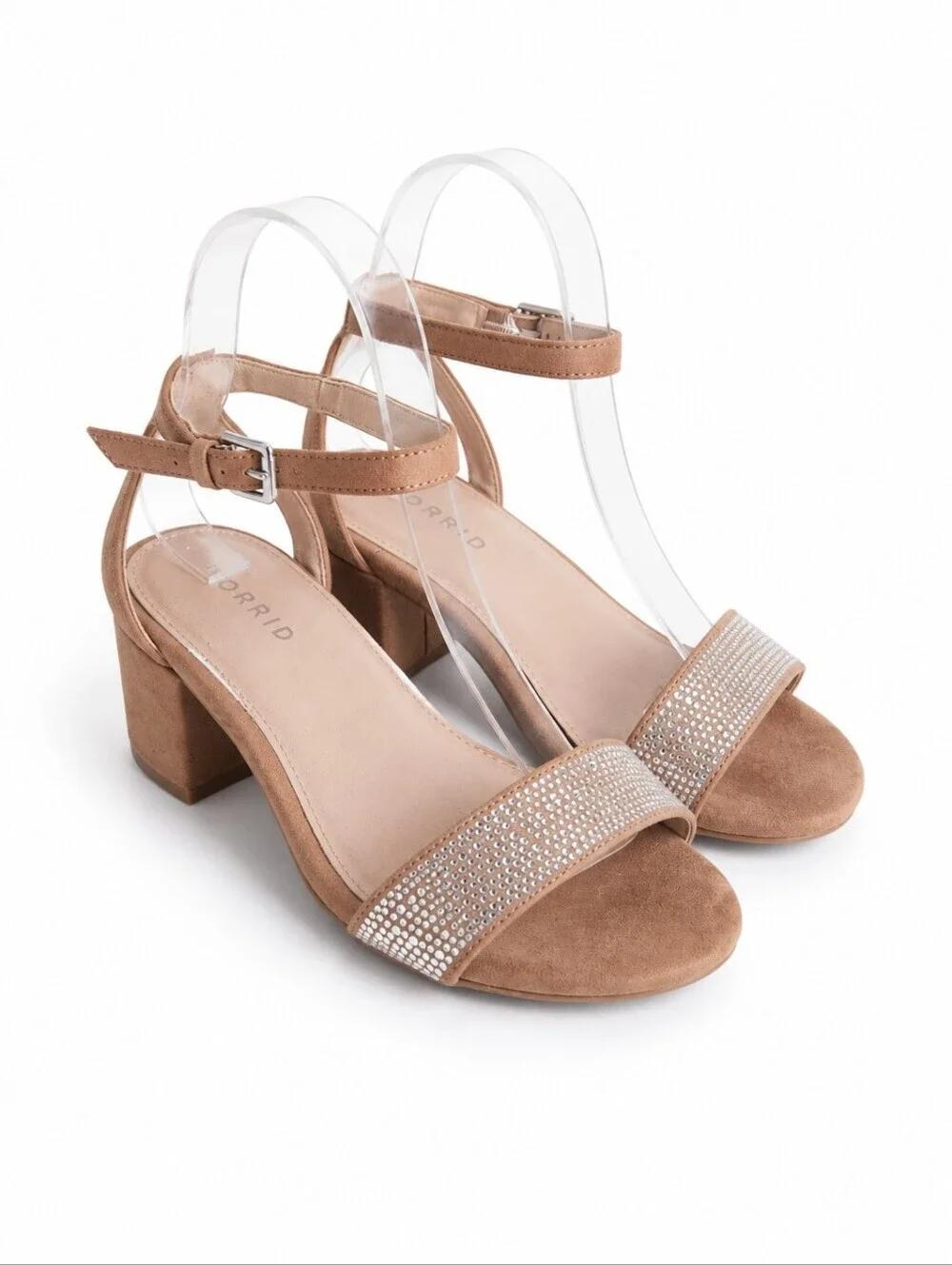 Torrid Embellished Strap Tan Faux Suede Block Heel Sandals Sz 7.5WW Party Event